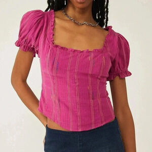 Free People Magenta Crop Top Rainbow Stitching Puff Sleeve Smocked Back Size M